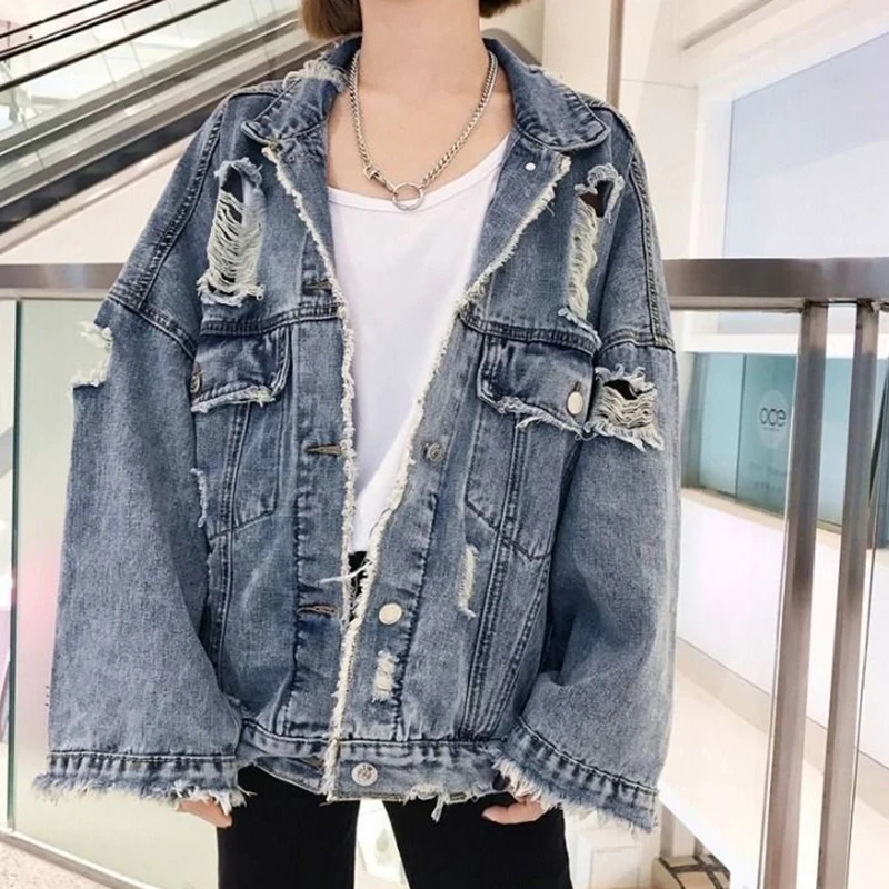 

Harajuku Hole Jean Coats Female 2023 Spring Autumn Y2K Single-Breasted Raw Edge Jacket Women Korean Trendy Loose Denim Outerwear