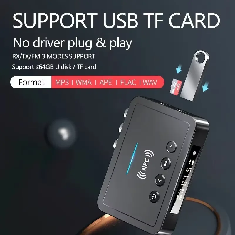 KEBIDUMEI NFC 블루투스 6.0 수신기 송신기 FM 스테레오 AUX 3.5mm RCA 광 동축 무선 어댑터(리모컨 포함)