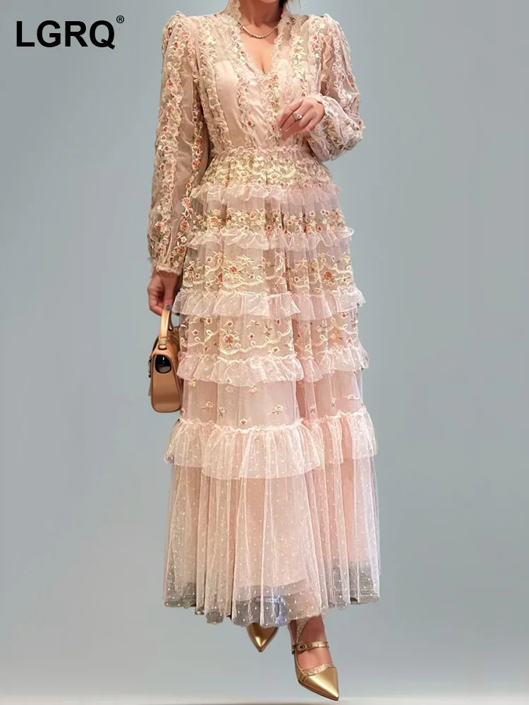 

LGRQ Women Luxury Embroider Dress Fashion V-neck Mesh Ruffle Patchwork Elegant Cake Dresses 2024 Summer New Clothing 3WQ8656