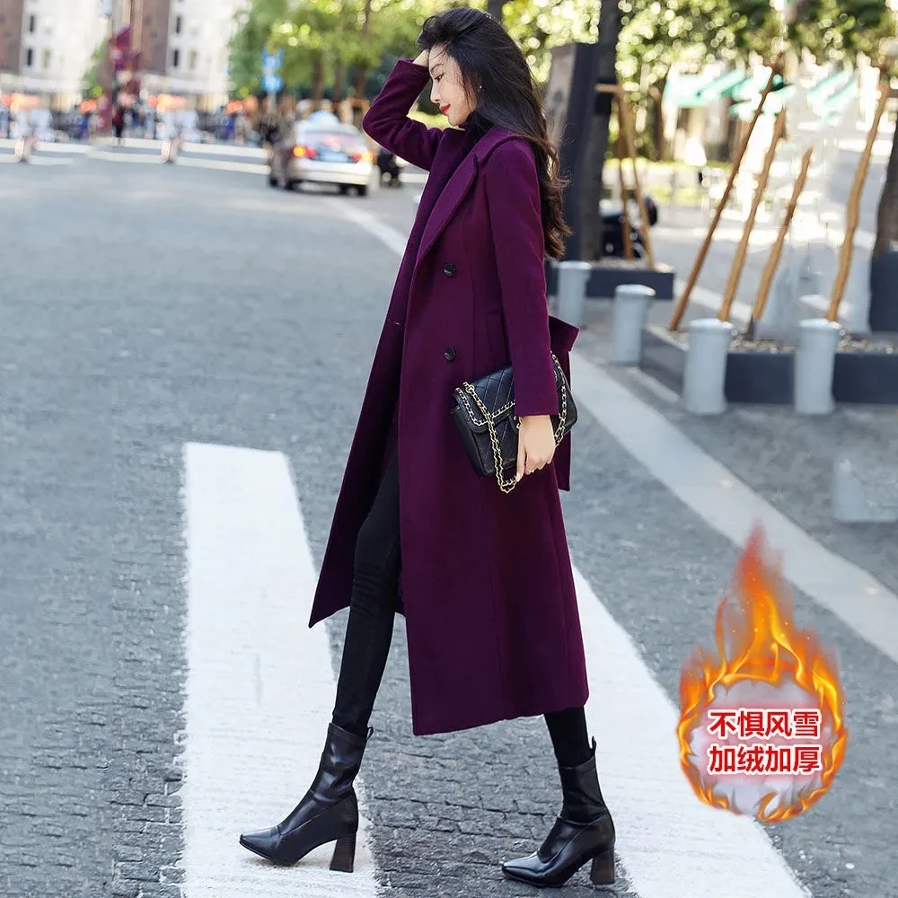 Woolen Coat Women 2022 Autumn Winter Temperament Fashion Slim Wool Jacket Femael Large Size Long Waist Over Knee Purple Outwear
