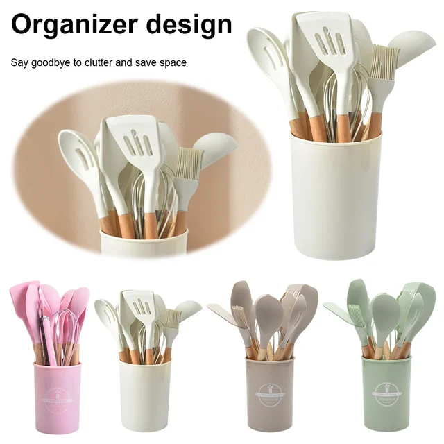 12Pcs Kitchen Utensil Set Silicone Spatula Set Wooden Handle Heat-Resistant Cookware Spatula Spoon Brush Whisk for Home Kitchen 2