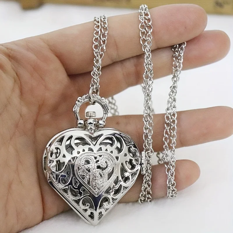 Retro Heart Pointer Quartz Pocket Watch - Hollow Out Analog Necklace Chain Pendant Watch - Perfect Valentines Gift for Her  Him