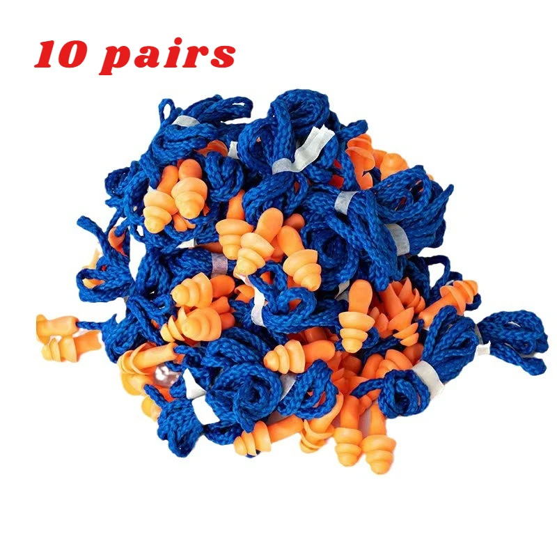 Bouchons d'oreille antibruit réutilisables en silicone, 5 paires, sur fond blanc, avec emballage transparent.