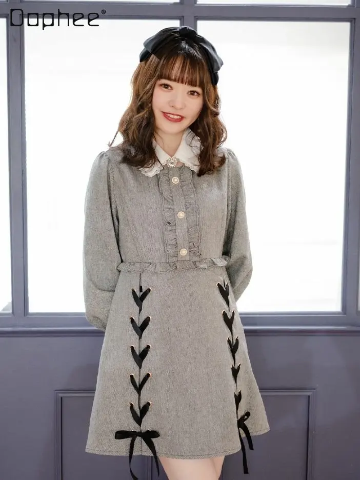 

Japanese Style Sweet Cross Stitching Bandage Design Dress 2023 Spring New Rojita Butterfly Rhinestone Collar Mid Dresses Ladies