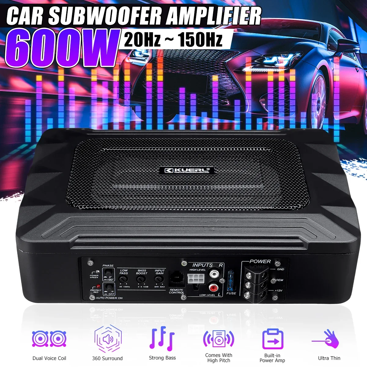 600W Car Audio Amplifier Ultra thin Powerful Bass Subwoofer Home Power Amplifier Professional Car Amplifier Speakers Body Kit