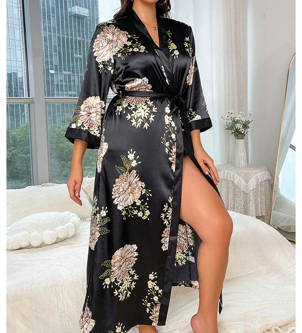 Women's Floral Printed Long Satin Robes Plus Size Full Length Silk Bath Robes 2XL-5XL Big Size Kimonos Sleepwear Dressing Gown