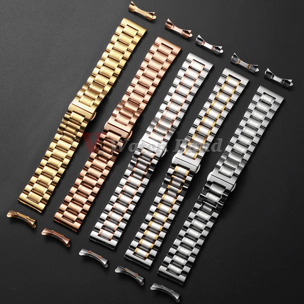 Universal Curved End Solid Stainless Steel Watch Band with Butterfly Clasp