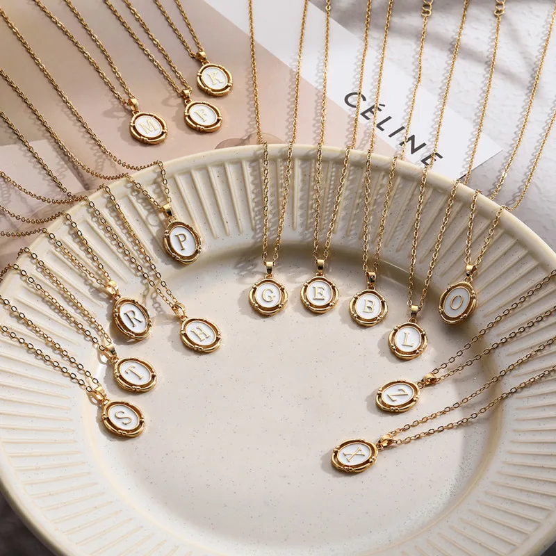 New26LetterOilDropNecklaceGoldLetterPendantStainlessSteel