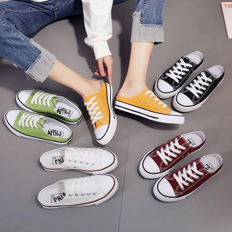 

2023 Women Fashion Spring Summer For Canvas Versatile Shoes Flat Sneakers Ladies Casual Tenis Mules Lace Slip On White Laofers