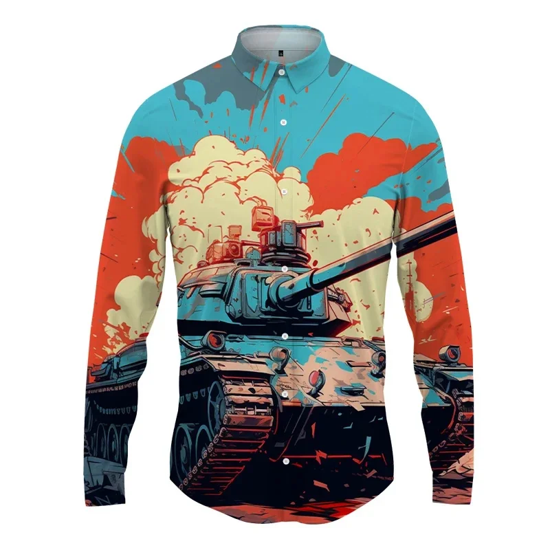 thumbnail image 1 of Camisa con estampado 3D de tanque para hombre y mujer, camisa informal de manga larga a la moda, ropa de calle con botones, ropa unisex de gran tamaño, 1 of 4