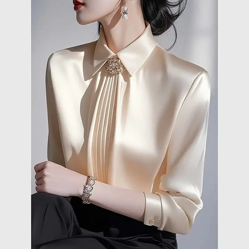 Champagne Silk Two Piece Set Wrinkled Finish With Lace Up Detailing For Autumn Women Elegant