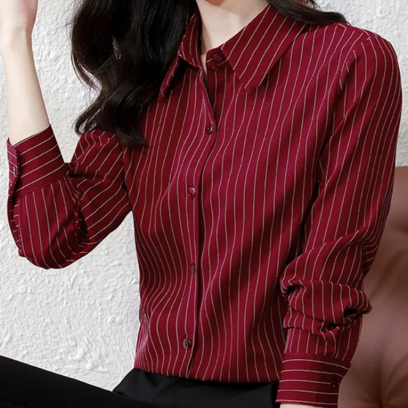 Striped Women Shirt Fashion Female Clothing Long Sleeve Blouse Button Up Shirts Womens Tops Basic OL Chiffon Blouses for Women