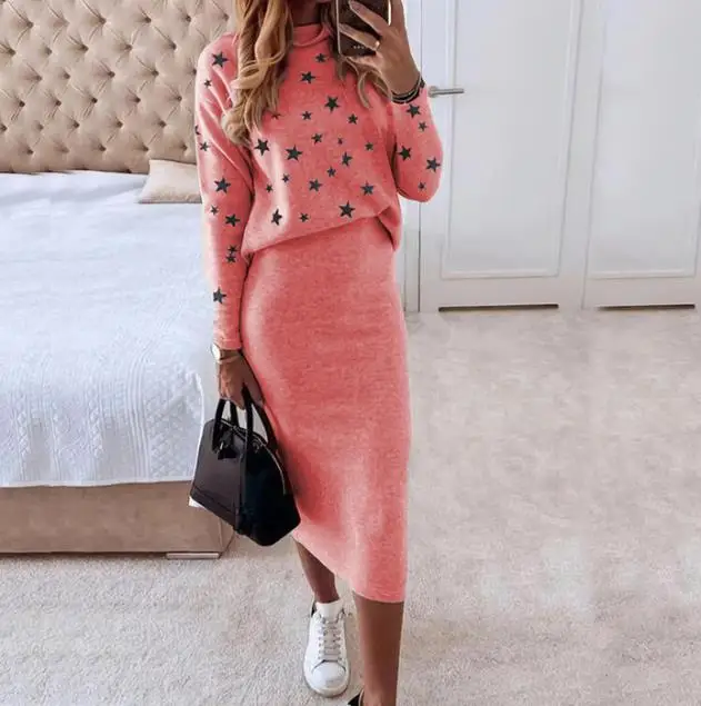 Two Piece Set Women Outfit 2023 Autumn Long Sleeve Printed High Neck Tight Top & Casual Wrap Hip Skirt Set Fashion Women's Suits