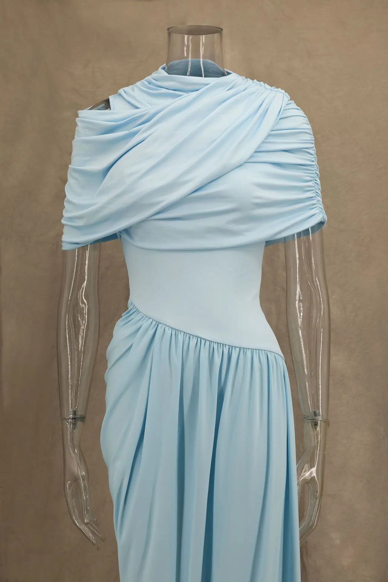 Elegant Shawl Ruched Asymmetrical Maxi Women Dress Summer Light Blue Slim Light Blue Party Dress Female Chic Evening Prom Gowns - AliExpress 200000345