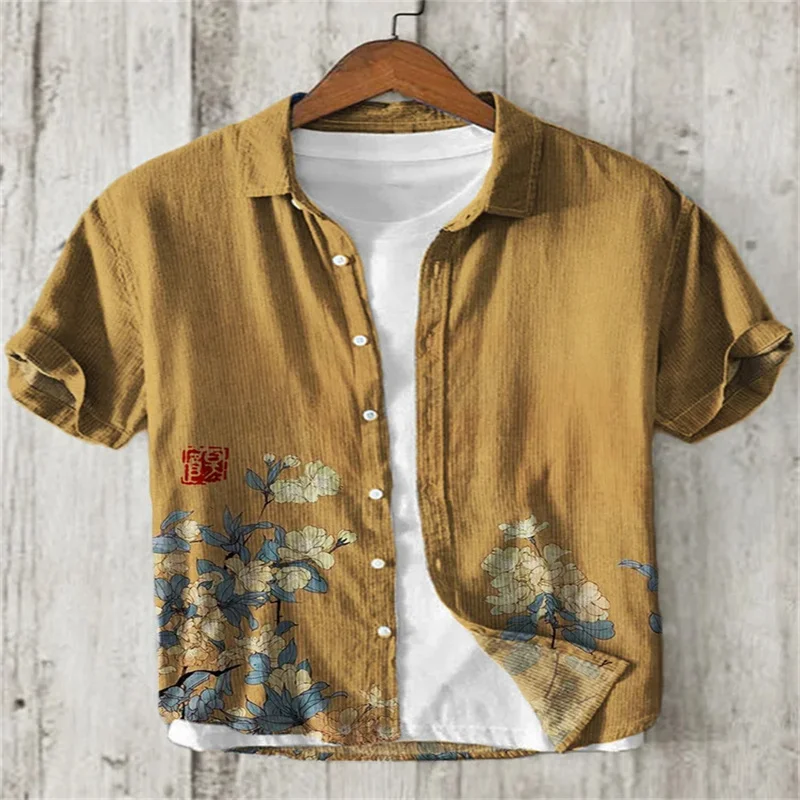 Men's Ice Silk Short sleeved Shirt Summer Japanese Loose Size Men's Thin Hawaiian Half sleeved Shirt Trendy Brand Flower 4