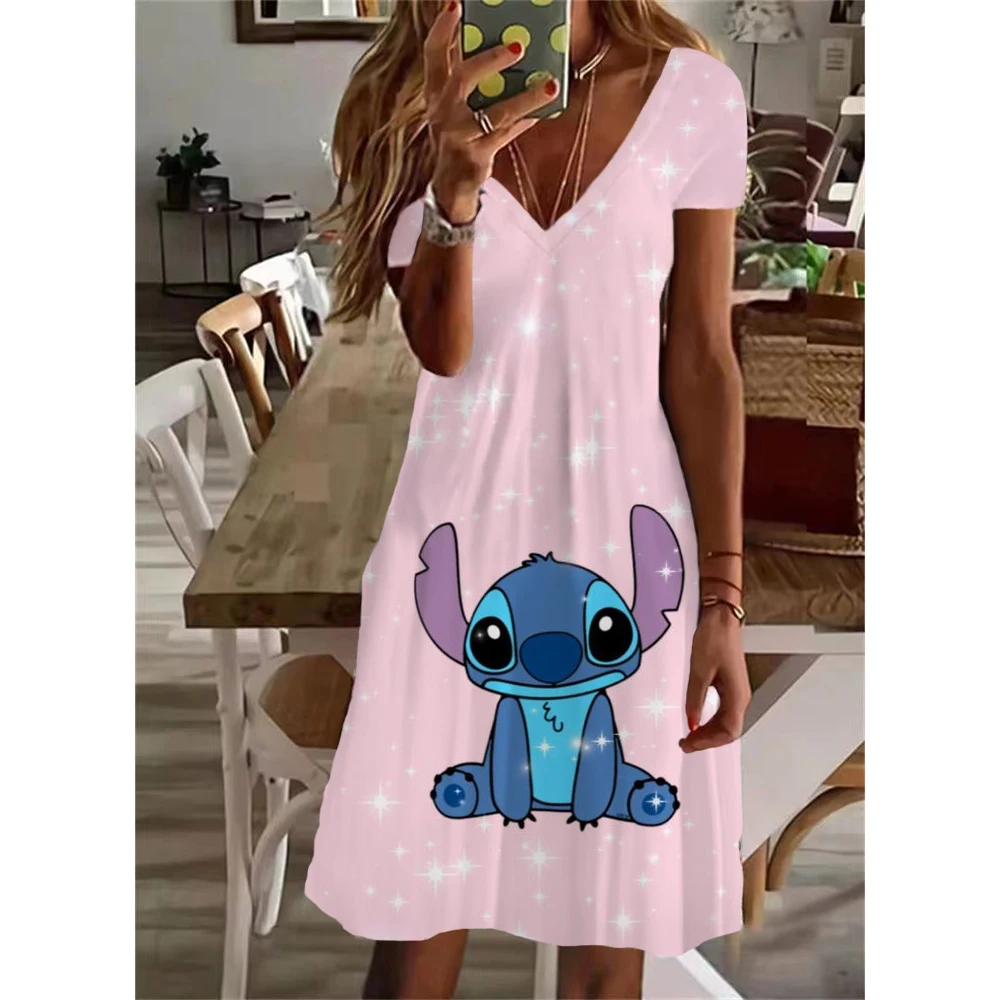 thumbnail image 1 of Vestido elegante informal con cuello en V y largo hasta la rodilla con estampado de Lilo y Stitch de Disney para mujer de verano Y2K 2024, 1 of 5