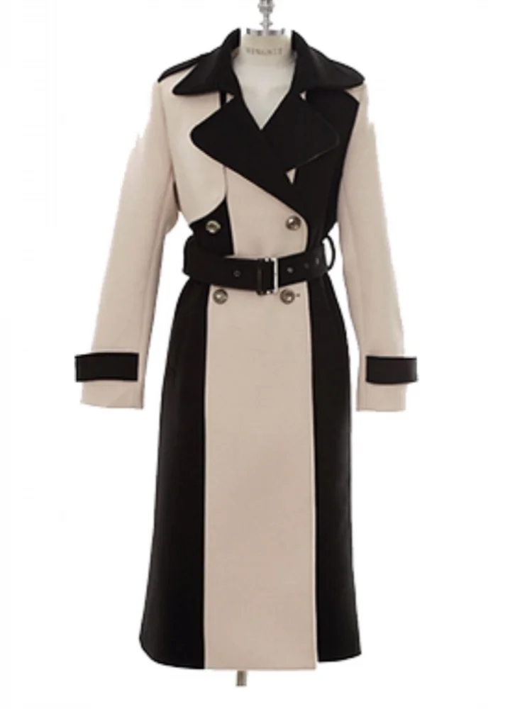 

New Korean Fall Winter Women's Mid Length Hepburn Trim Woolen Tweed Slim Sweet Splicing Outerwear Long Coats Top Casaco Dress