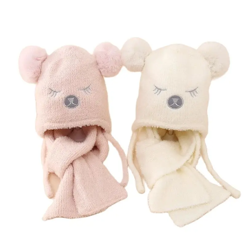 New Winter Children's Warm Hat Scarf Set Double Balls Bear Plush Ear Protection Two Piece Set For Boys And Girls With Plush Hat