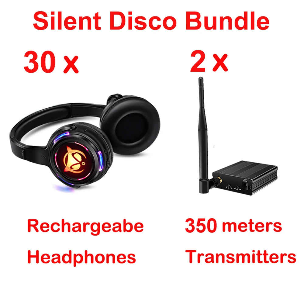 

500M Distance Control Silent Disco LED LOGO Wireless Headphones Bundle with 30pcs RF Receivers 2 Transmitters