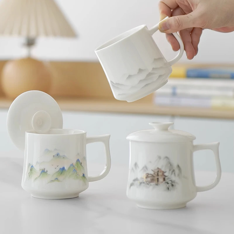 Chinese Style Pattern Ceramic White Porcelain Personal Tea Mugs, Personal Creative With Cover, Milk Water Coffee Cup, 350ml, 1Pc