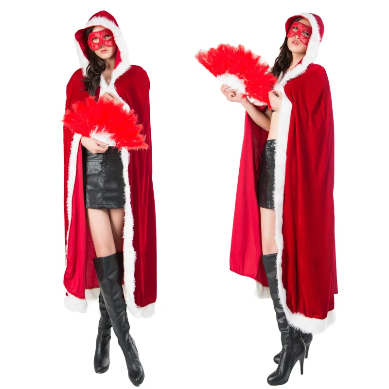 

Red Cloak Cape Santa Claus Christmas Cosplay Clothing For Adult Woman Disguise Long Robe Hood Performer Stage Costume Carnival