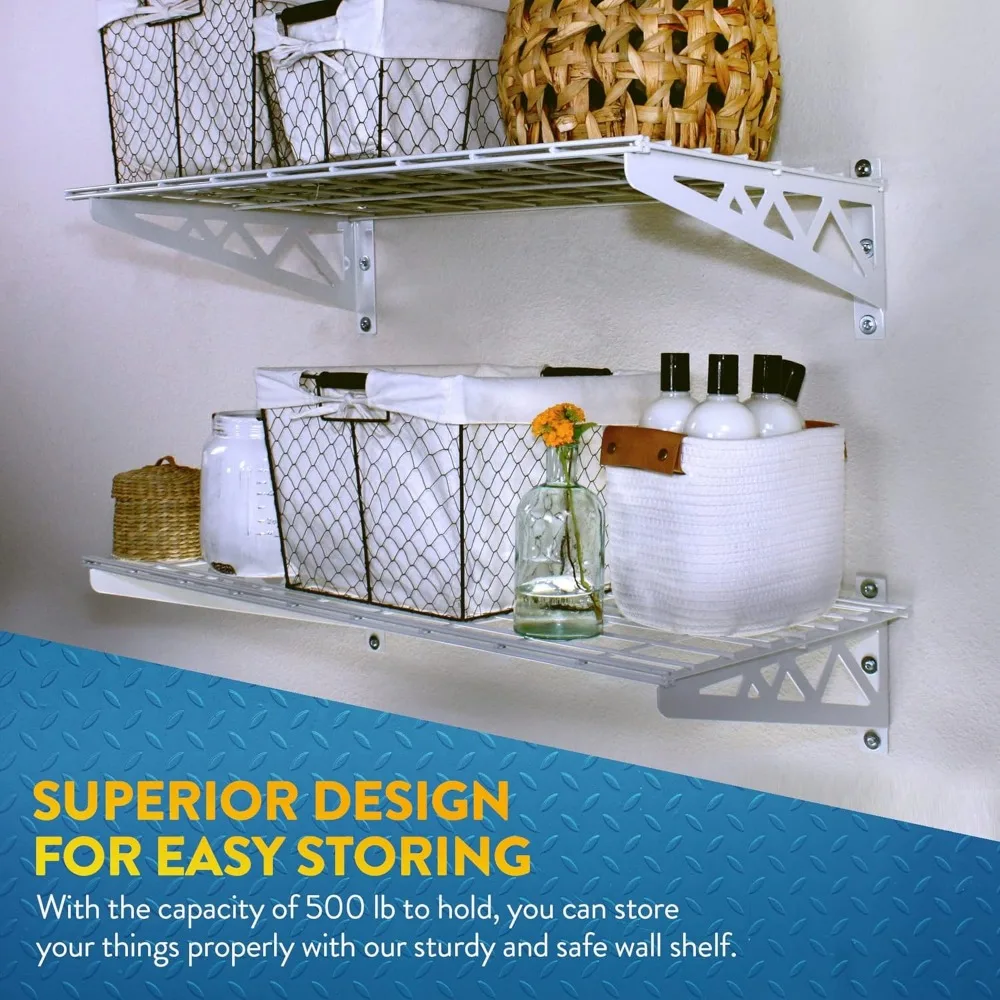 Garage Wall Shelf Two-Pack White or Hammertone | Three Size Options | Includes Bike Hooks | 500lb Weight Capacity 3