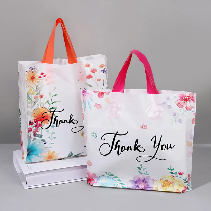 10 Stück Dankeschön-Geschenktüten mit Griffen für Hochzeitsgeschenke, Geburtstagsfeier, Verpackungsbeutel, Kunststoff, Blumenmuster, Dankeschön-Tragetaschen – Detail 6
