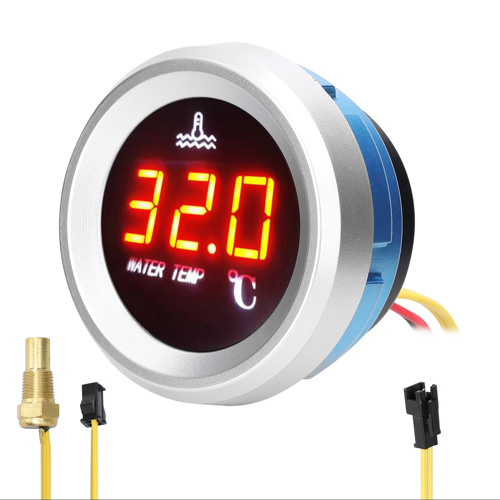 52mm Water Temperature Gauge Car Digital Meter LED Display 9-36V with Temperature Sensor Alarm Function