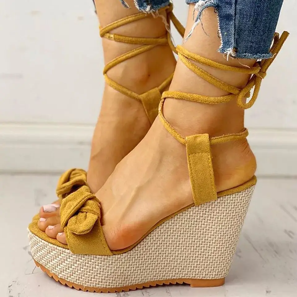 Summer Fashion Bow Sandals Women Wedges Platform Fish Mouth Shoes Female Cross Lace Up Ladies Elegant Slippers Clog Black Pink