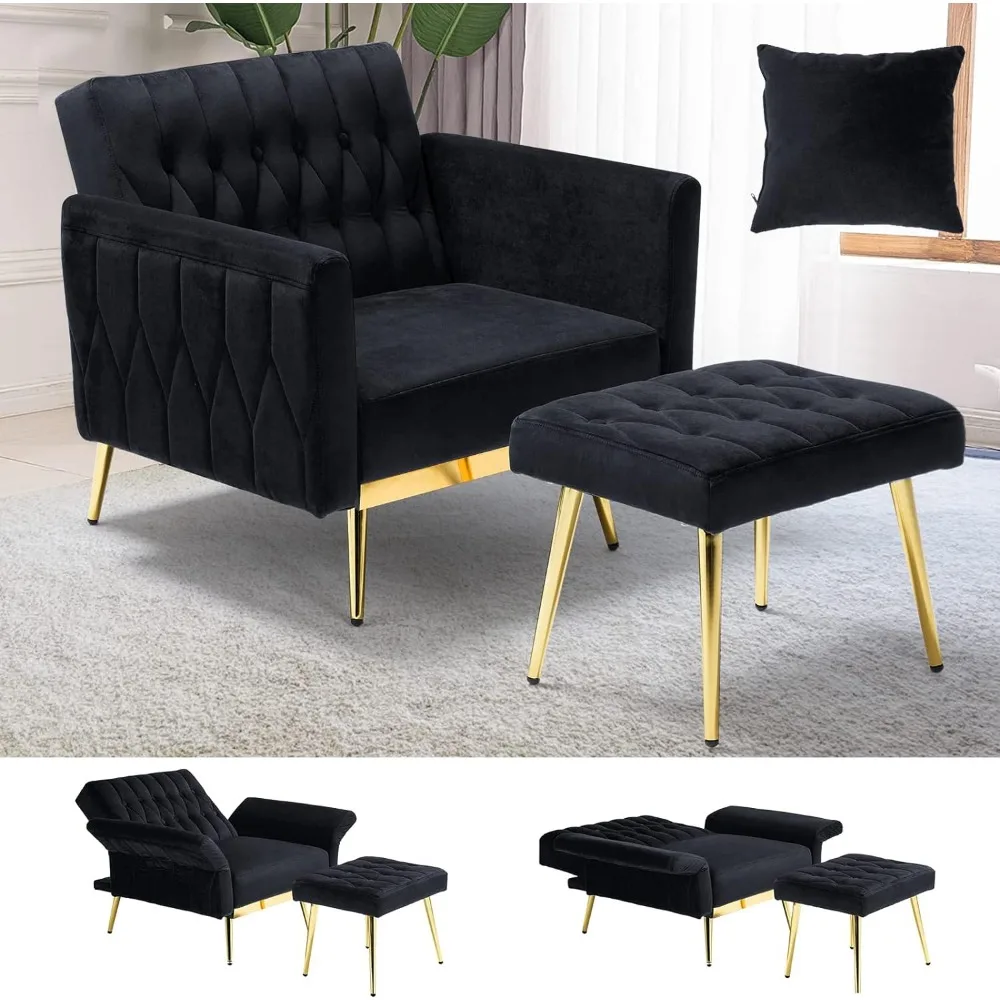 

Velvet Accent Chair with Adjustable Armrests and Backrest, Button Tufted Lounge Chair, Single R Black