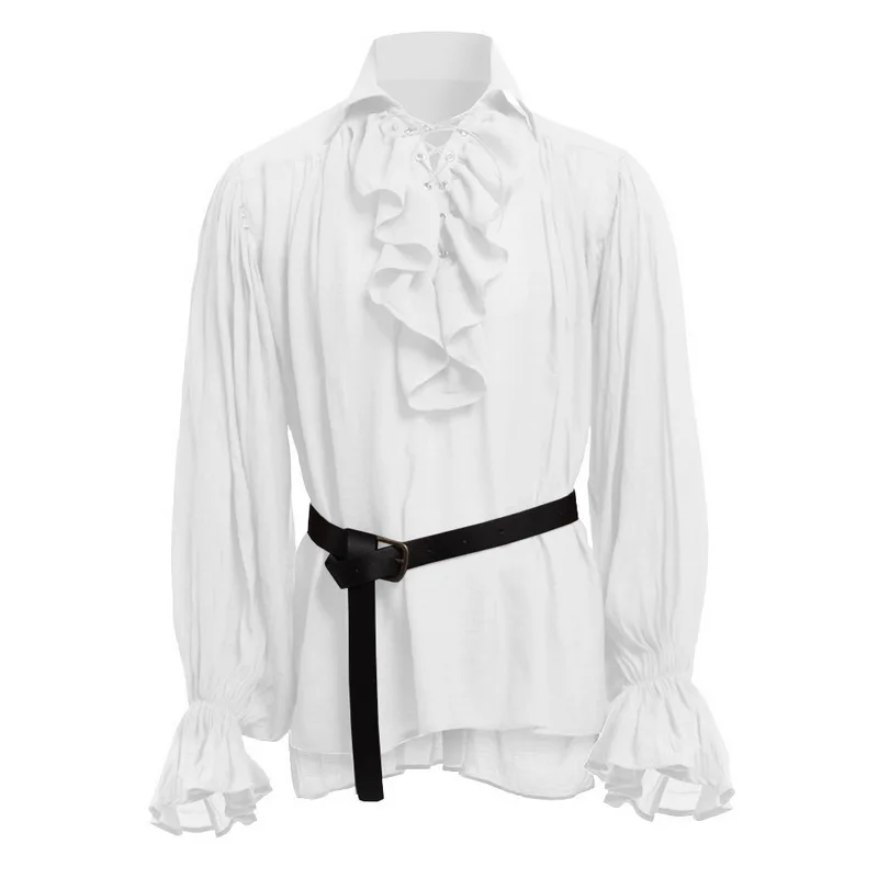 Shirt Tops Medieval Renaissance Lacing Up Bandage Ruffles Fashion Men Vintage Costume Fluffy Long Sleeve