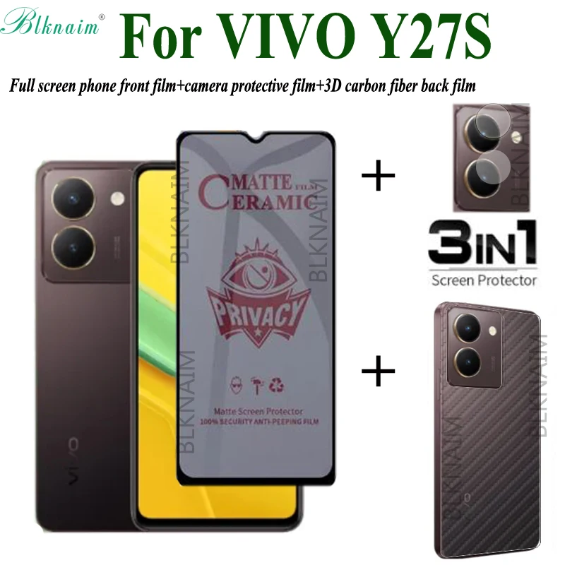 

BLKNAIM 3 в 1 для VIVO Y27S антишпионская конфиденциальность закаленное стекло мягкая пленка VIVO Y27S защита экрана + пленка для объектива + задняя пленка