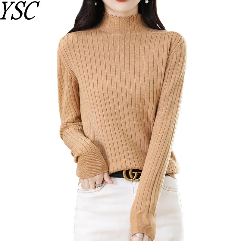 

YSC 2022 winter New style Women Knitted cashmere wool blended sweater Half height collar Keep warm Drawbar style pullovers