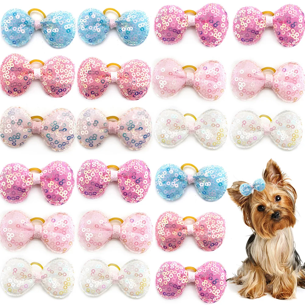 10 PCS Pink Top Knot Bows For Small Dogs - Mix Style With Rubber Bands For Yorkie, Pomeranian, Puppy Grooming