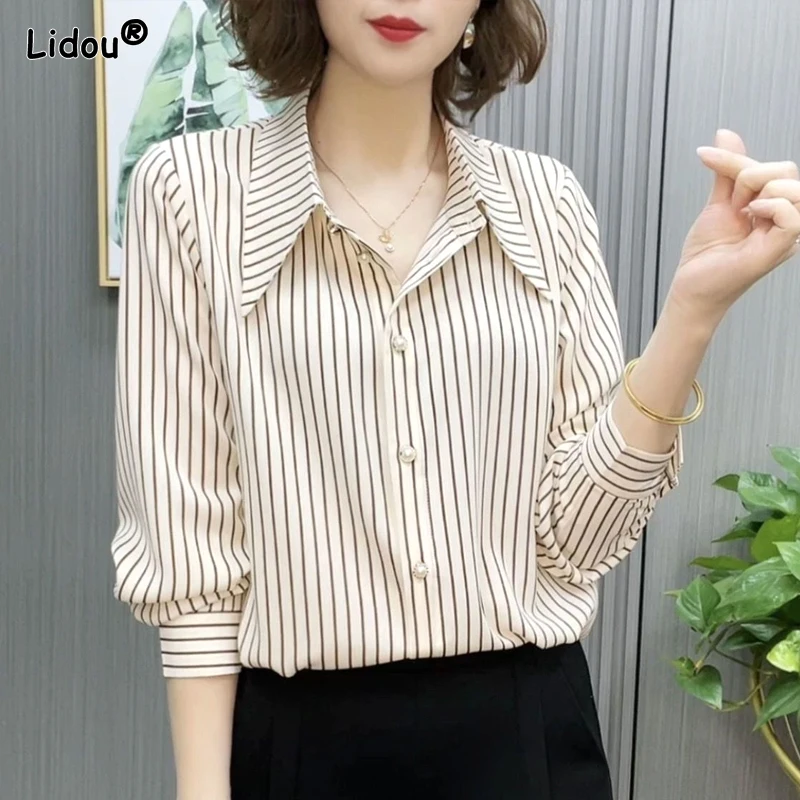 2023 New Spring and Autumn Fashion Commuting Simple Polo Collar Stripe Loose Versatile Oversized Long Sleeved Women's Shirt luckymarche stripe oversized graphic t shirt qwtax23515nyx