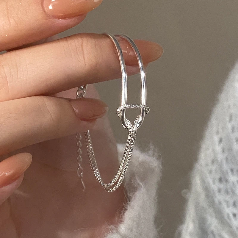 INZATT Real 925 Sterling Silver Asymmetric Double Layer Chain Bracelet for Women Hiphop Fine Jewelry Minimalist Accessories 4