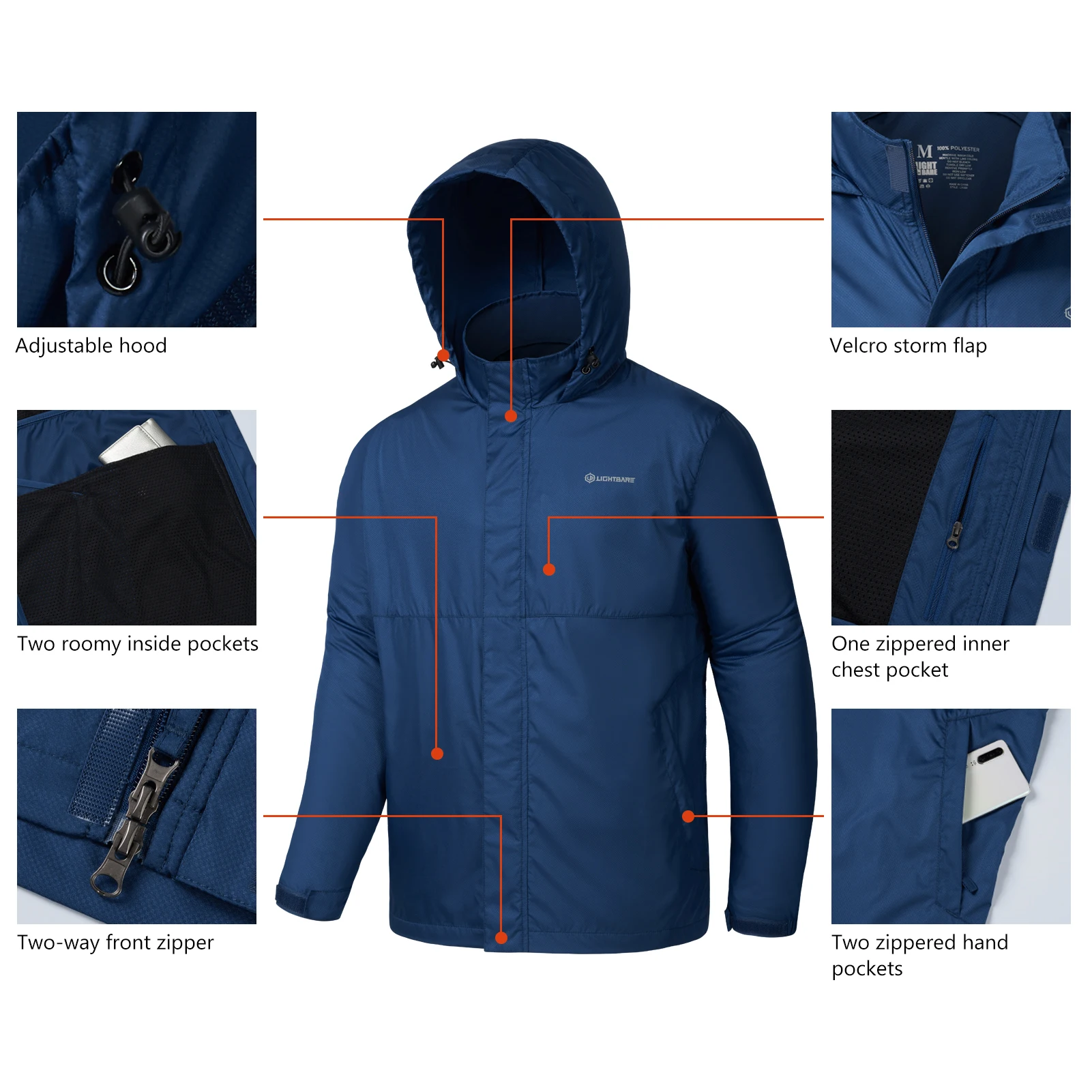 Lightbare Series Men Ripstop Rain Coat Water Resistant With Storage Bag Spliced Color Roomy Pockets Inside LB02M