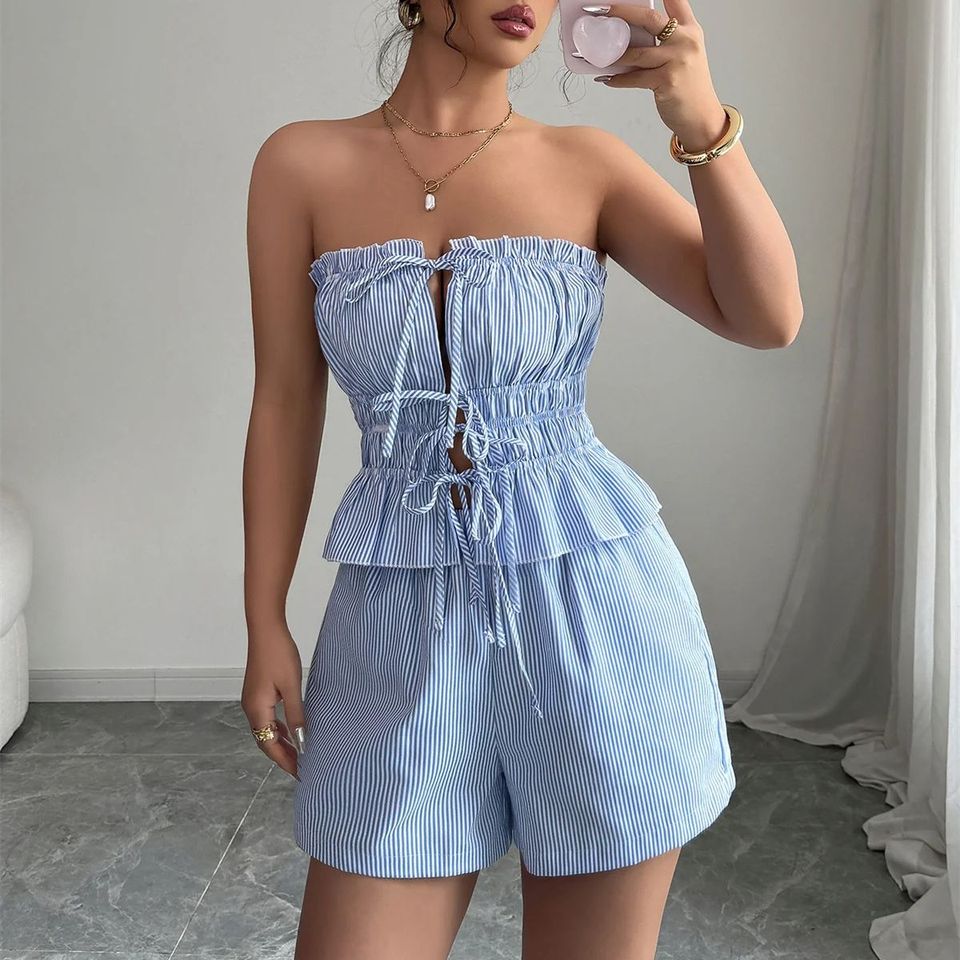 Fashion Stripe Pleated Shorts Set Women 2025 Summer New 2 Piece Set Sleeceless Lace Up Tube Top Elastic Waist Pant Y2K Sexy Suit