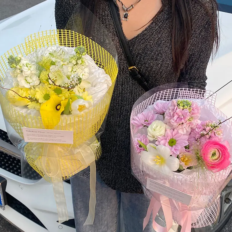 

Hollowed Out Floral Mesh Flower Bouquet Wrapped with Floral Paper Checkered Mesh Floral DIY Packaging Materials for Flower Shops