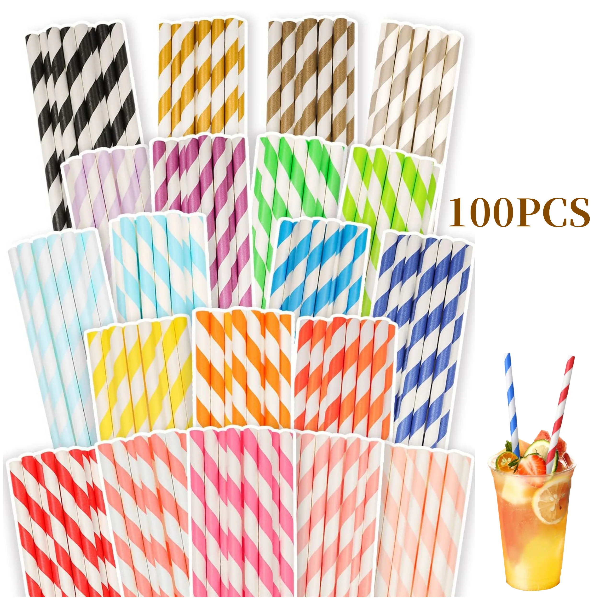Stripes Paper Straws Disposable 7.75 Inches 0.24'' Diameter for Juice Shakes Cocktail Wedding Parties 100 Pcs disposable paper straws