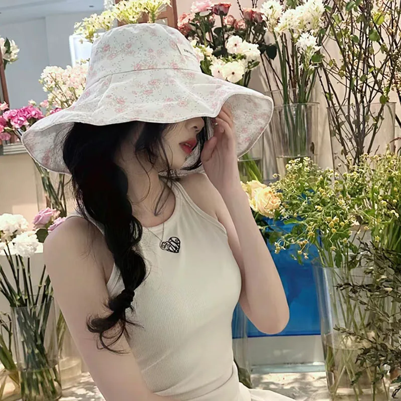 

Ins Summer Vacation Flower Sunshade Bucket Hats for Women Super Wide Brim Foldable Beach UV Protection UPF Sun Hat with String