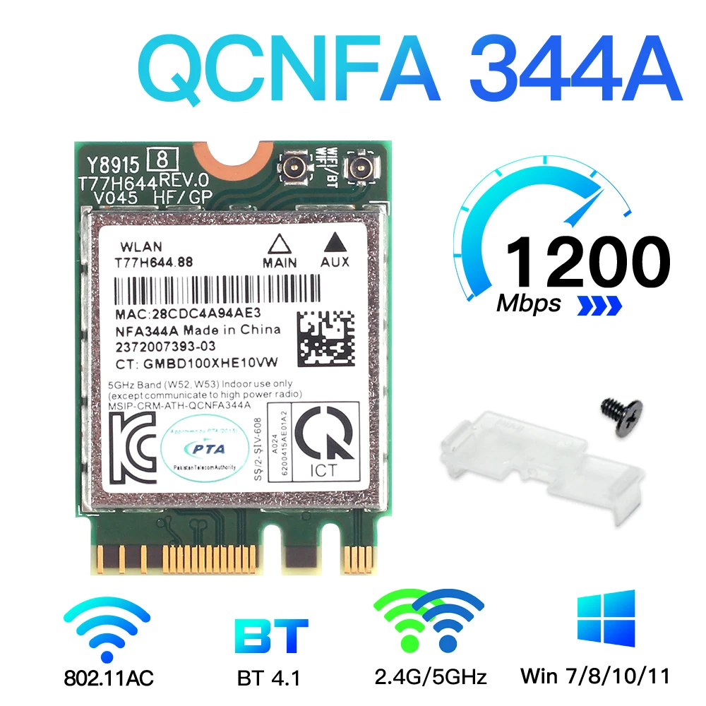 Dual Band QCNFA344A 867Mbps 802.11AC For Bluetooth 4.1 WLAN Wireless WiFi Card Qualcomm Atheros QCNFA344A  Wi-Fi NGFF M.2 Card