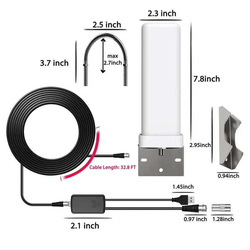 ABKQ-2X 4K 디지털 TV 안테나 35Dbi 야외 무료 HDTV 채널 ATSC/DVB-T/DMB-T용 6000 마일 장거리 신호 증폭기