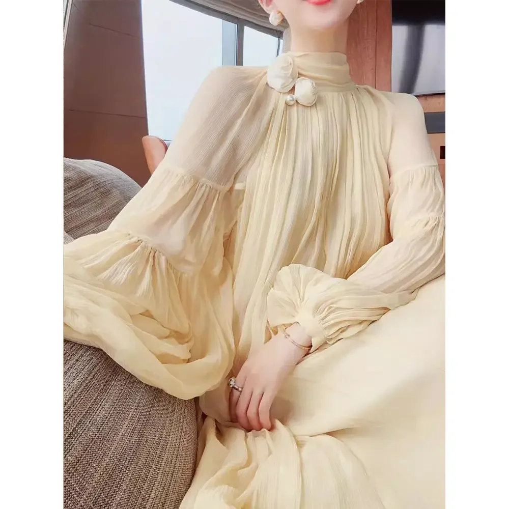 

Бледно-желтые розы, удобные мягкие платья, длинное платье, новинка весны 2024, темпераментное тонкое