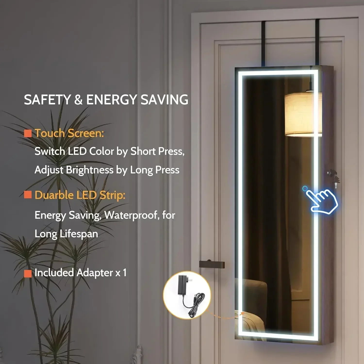 hot-Jewelry Mirror Cabinet, Wall/Door Mounted Full Length Mirror with Lights, Lockable Jewelry Storage Armoire Organizer