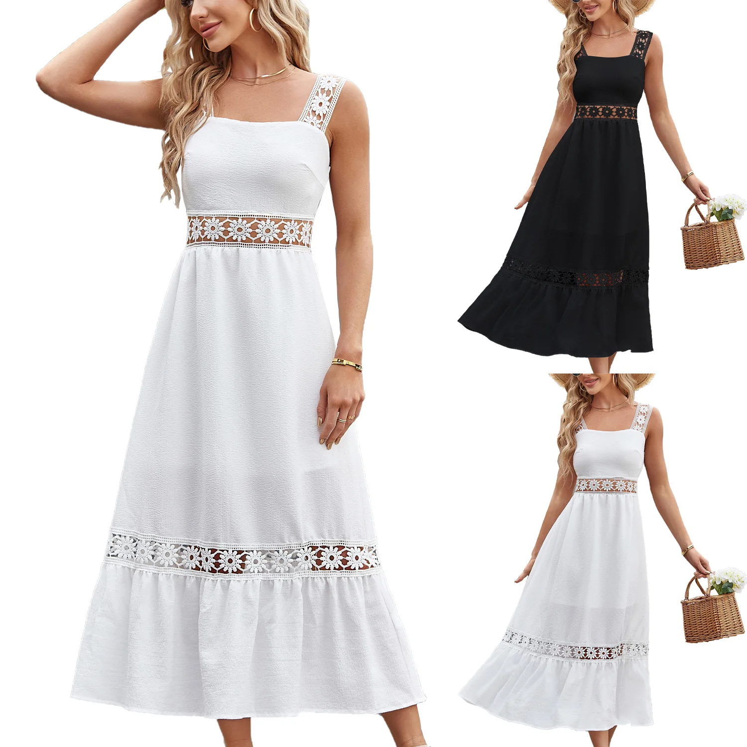 

Solid color hollow mid-length dress lace splicing square neck sleeveless suspender dress
