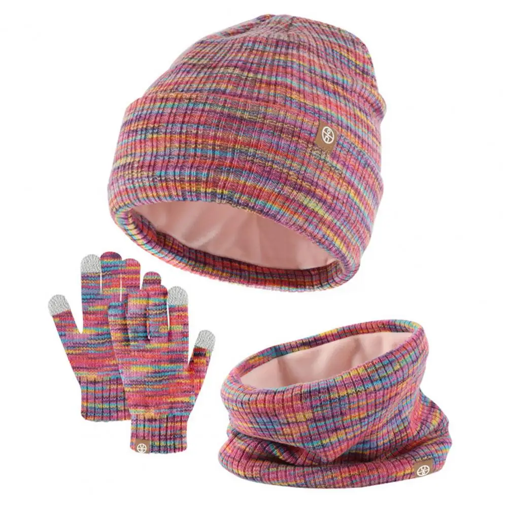 1 Set Children Hat Scarf Gloves Set Thick Knitted Elastic Winter Hat Colorful Cycling Cap Neck Warp Gloves
