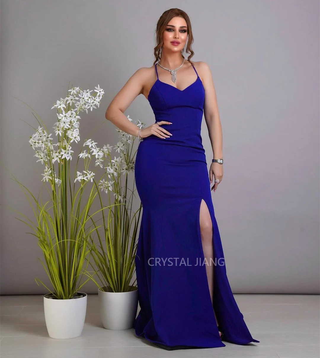 

2023 New Long V-Neck Blue Evening Dresses فساتين السهرة Mermaid Crepe Pleated Sweep Train Prom Dress Robe de soirée for Women