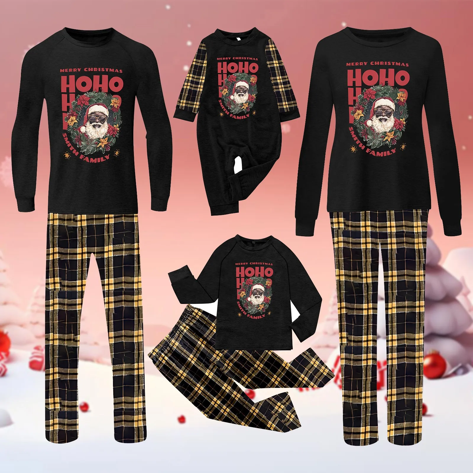 thumbnail image 2 of Pijamas navideños negros de Papá Noel para la familia, traje de otoño e invierno para estar en casa, conjunto de 2 piezas con parte superior y pantalones, conjuntos navideños familiares a juego, 2 of 5