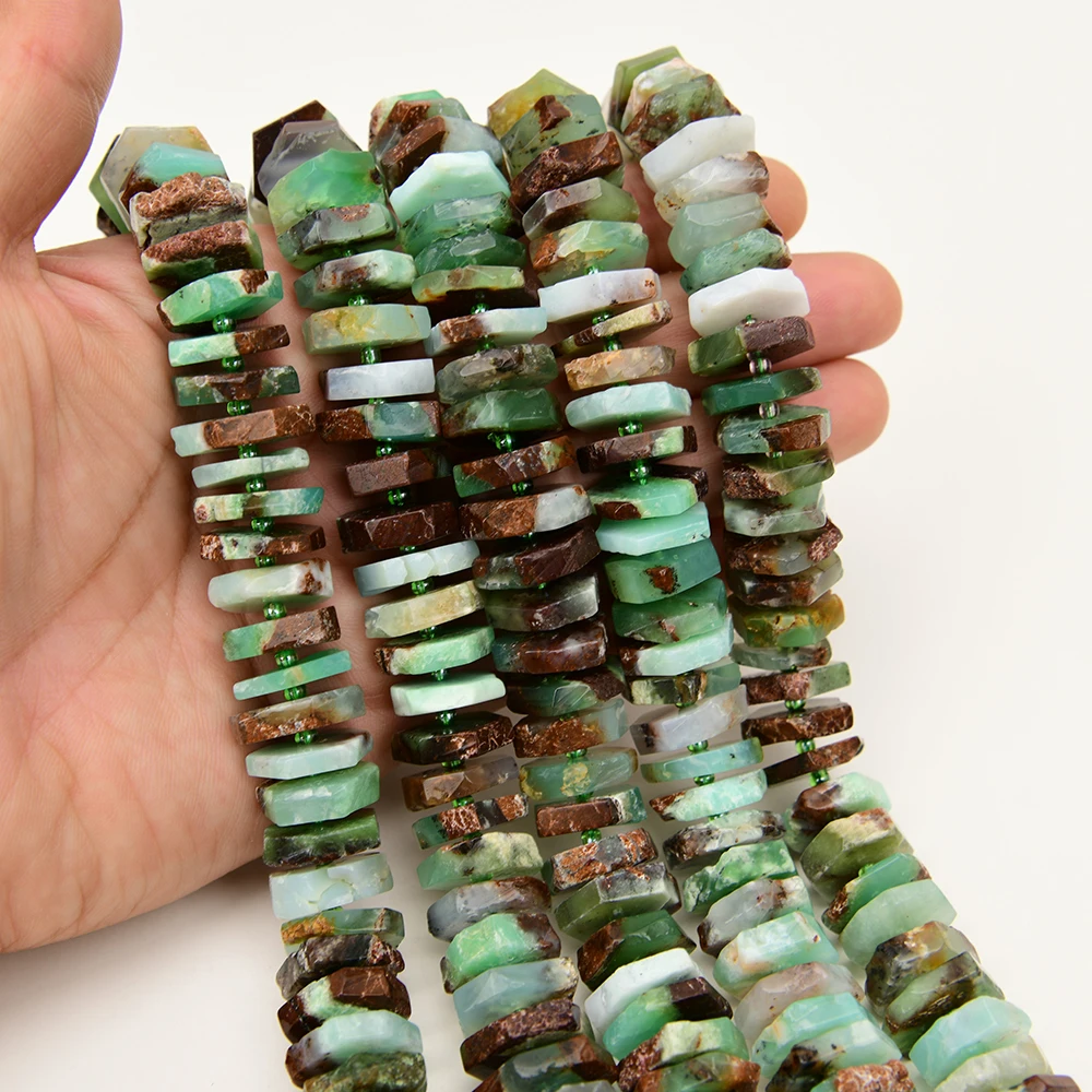 APDGG Natural Green Chrysoprase Slice Faceted Wheel Disc Rondelle Raw Organic Cut 16